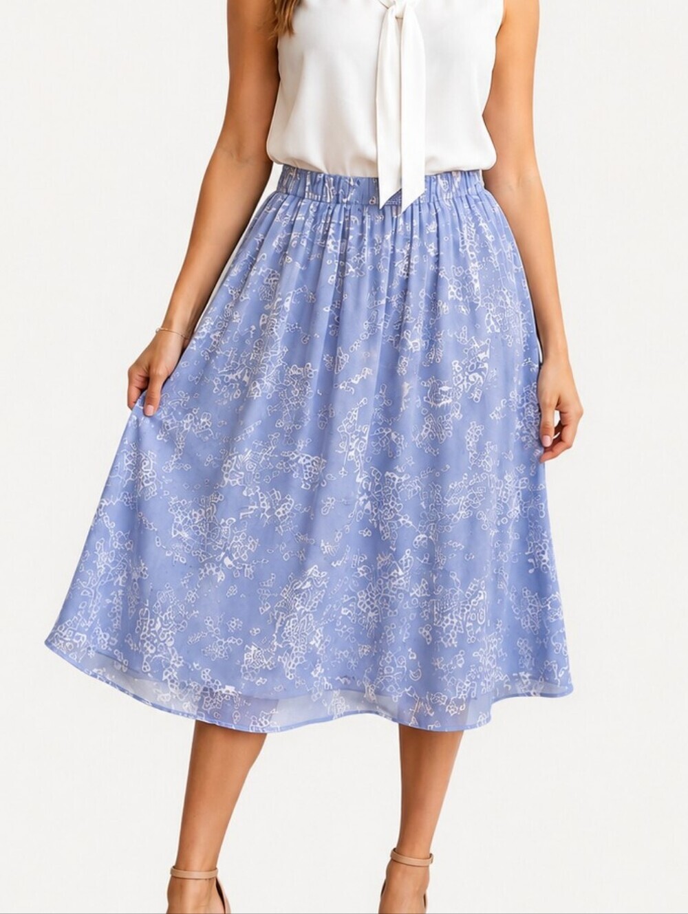 VTG Handmade 1990s Baby Blue Floral Fairycore Swing Midi Skirt